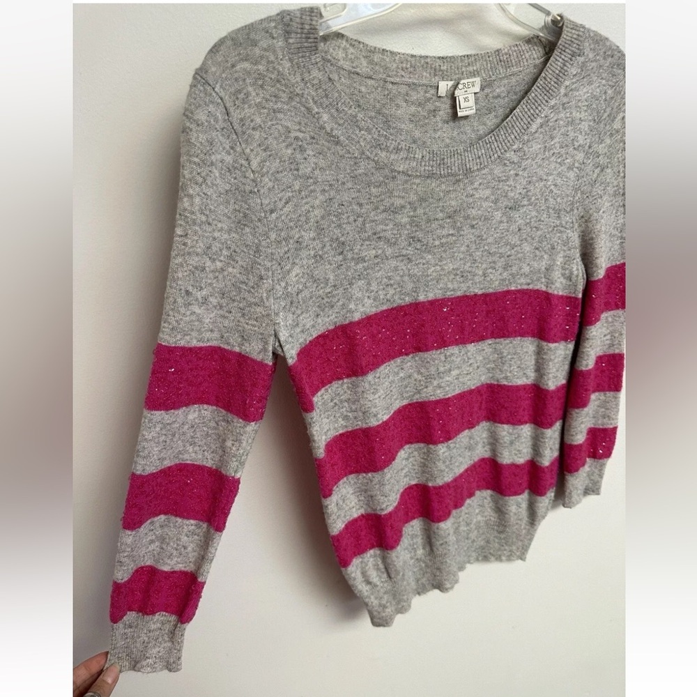 J Crew Women's XS Grey‎ & Pink Striped Sequin Wool Blend Crewneck Sweater